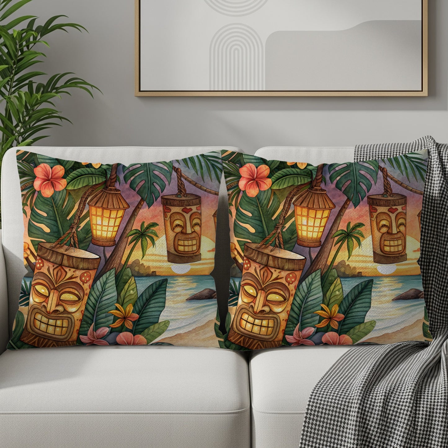 Tropical Tiki Lantern Beach Sunset Throw Pillow Set