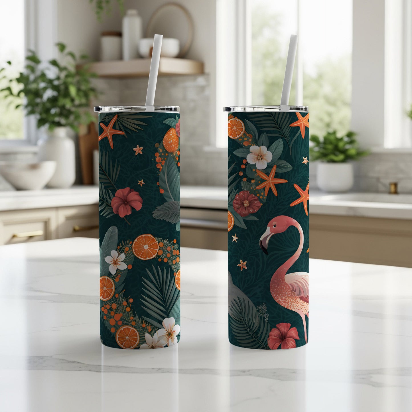 Tropical Flamingo And Fruits Design Tumbler