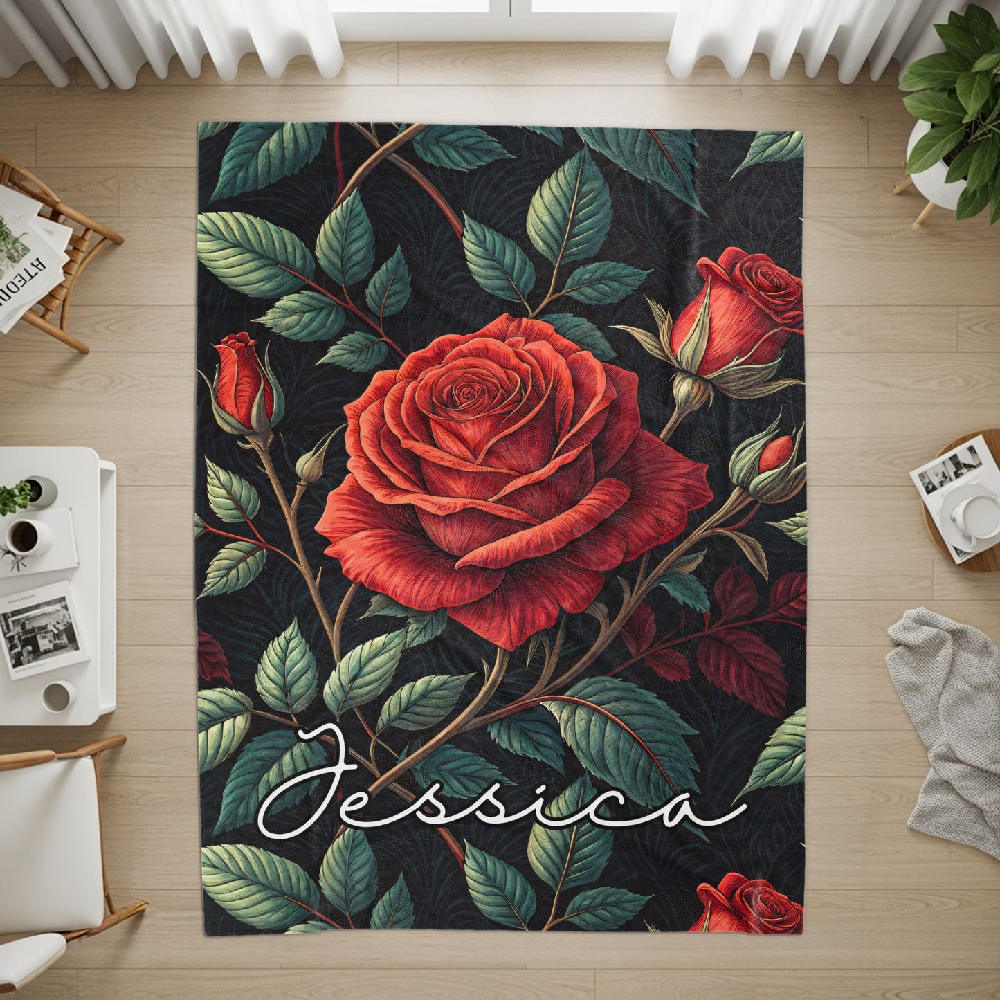 Red Roses With Leaves Custom Name Blankets Product - Walk Greener