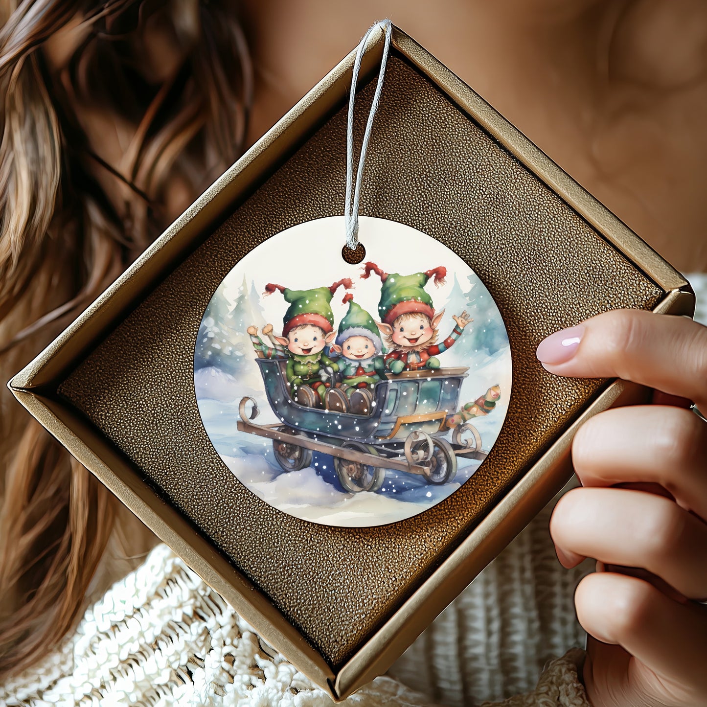 Festive Elf Trio Sleigh Ride Christmas Ornament product