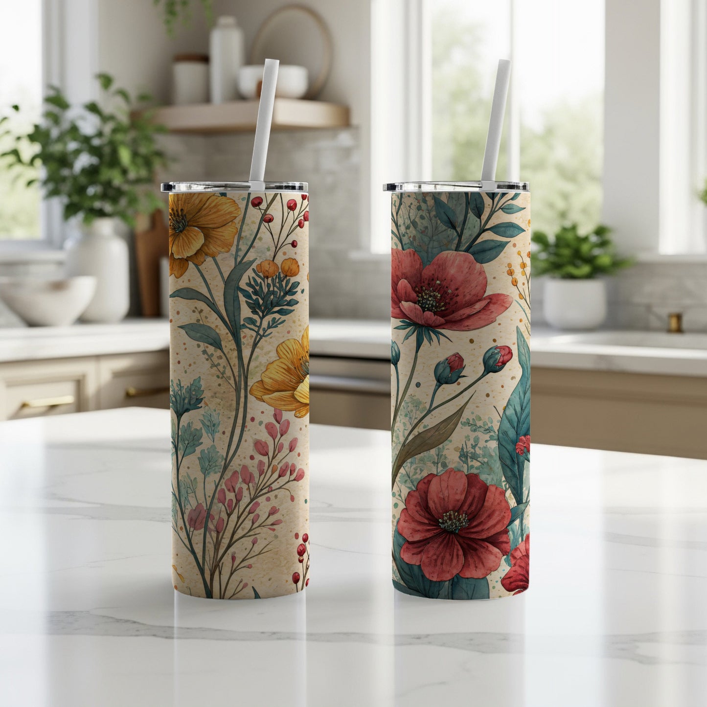 Watercolor Floral Pattern Lovely Blossoms 20 oz Skinny Tumbler - Walk Greener