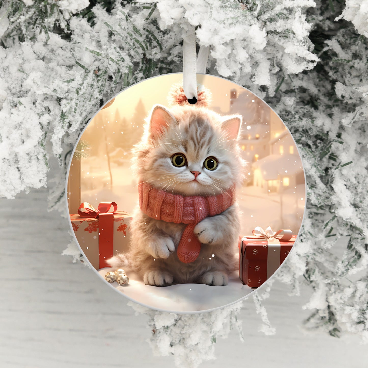 Fluffy Kitten in Snow Scene Round Ornament product type