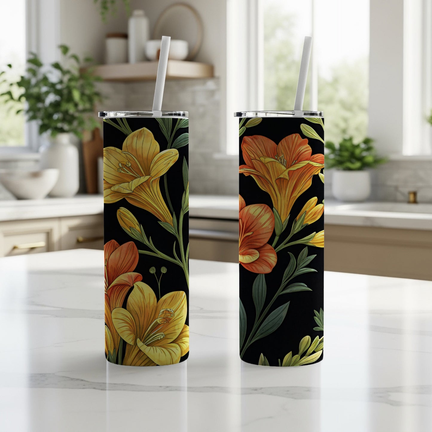 Floral Black and Yellow Tumbler With Straws drinkware