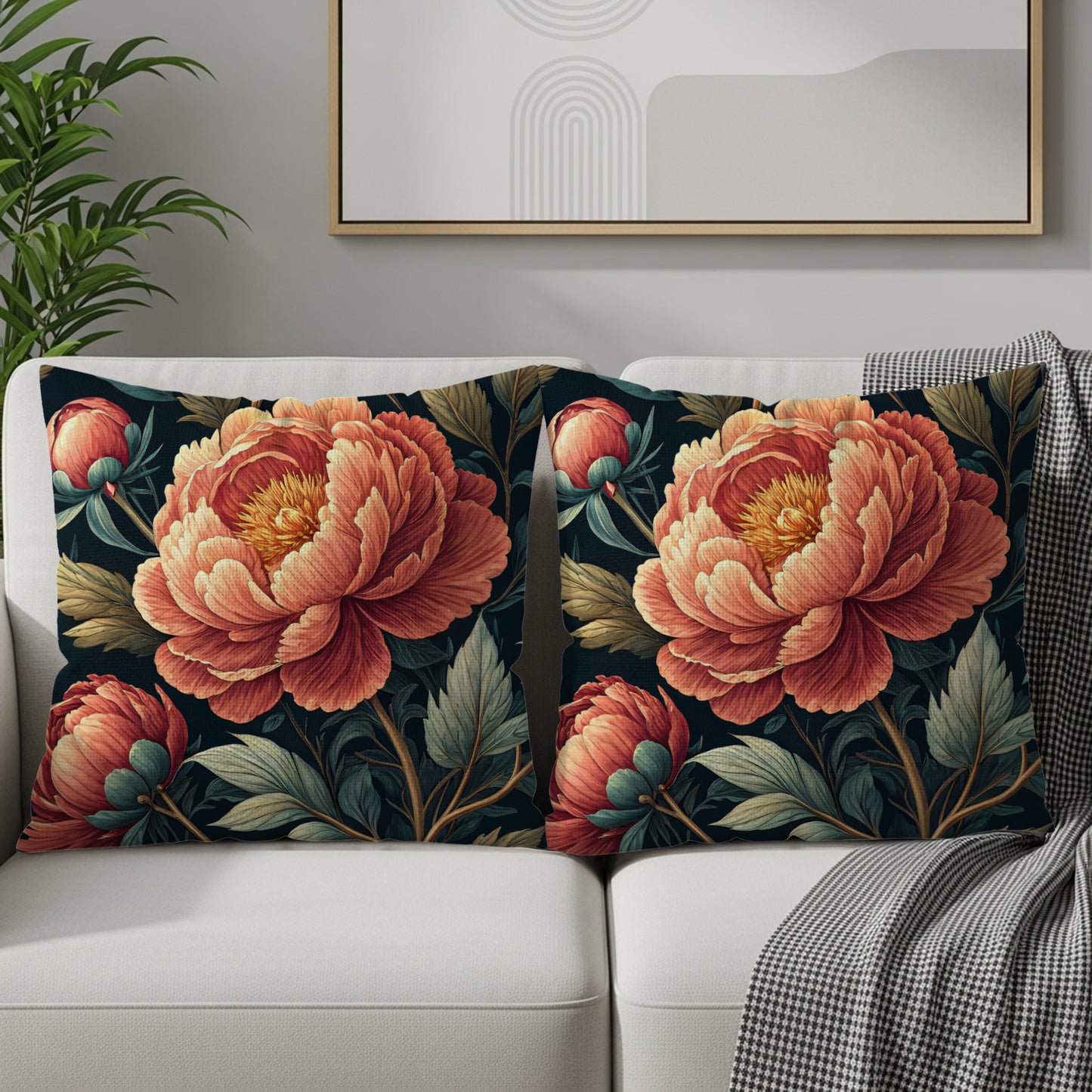 Elegant Floral Art Peonies with Dark Background Decorative Floral Throw Pillows - Walk Greener