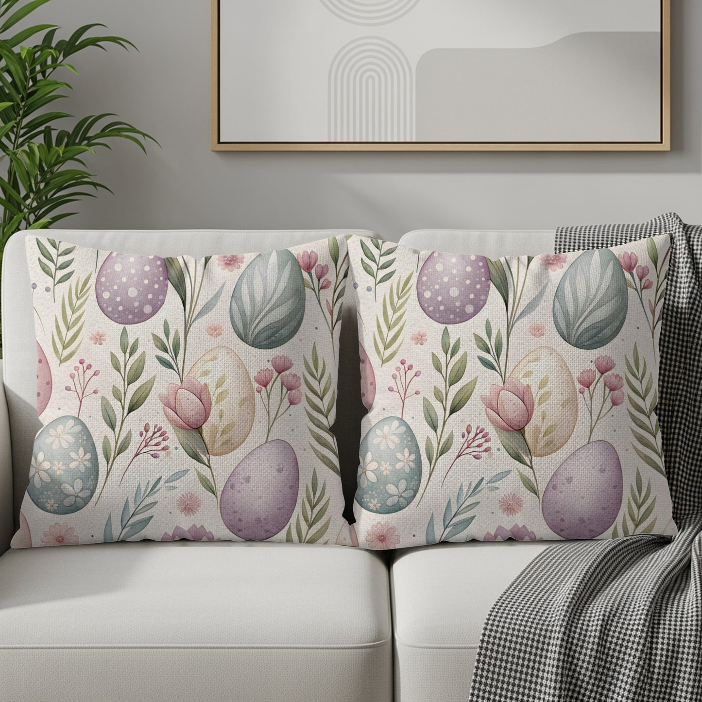 Pastel Easter Egg and Floral Pattern Throw Pillow