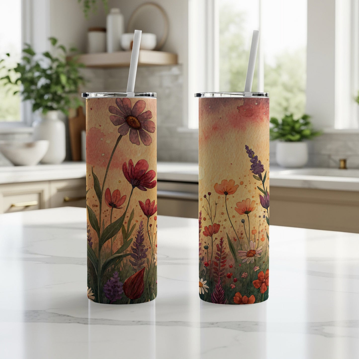 Watercolor Floral Design Colorful Flowers 20 oz Skinny Tumbler - Walk Greener