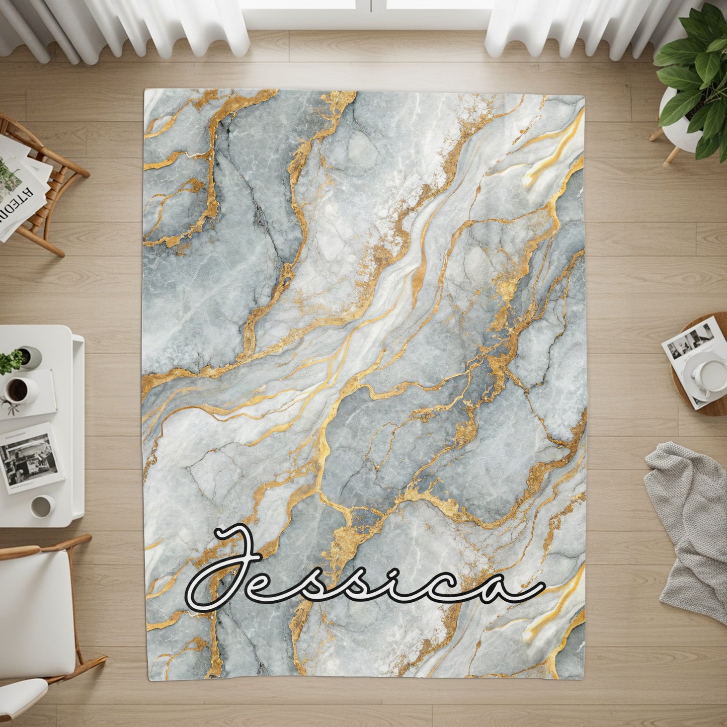 Gray Marble Veins of Gold Pattern Custom Name Blanket - Walk Greener