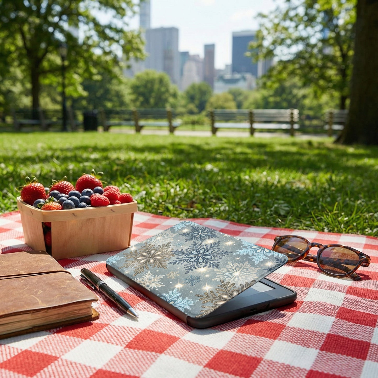 Snowflake-themed protective tablet cover for outdoor use