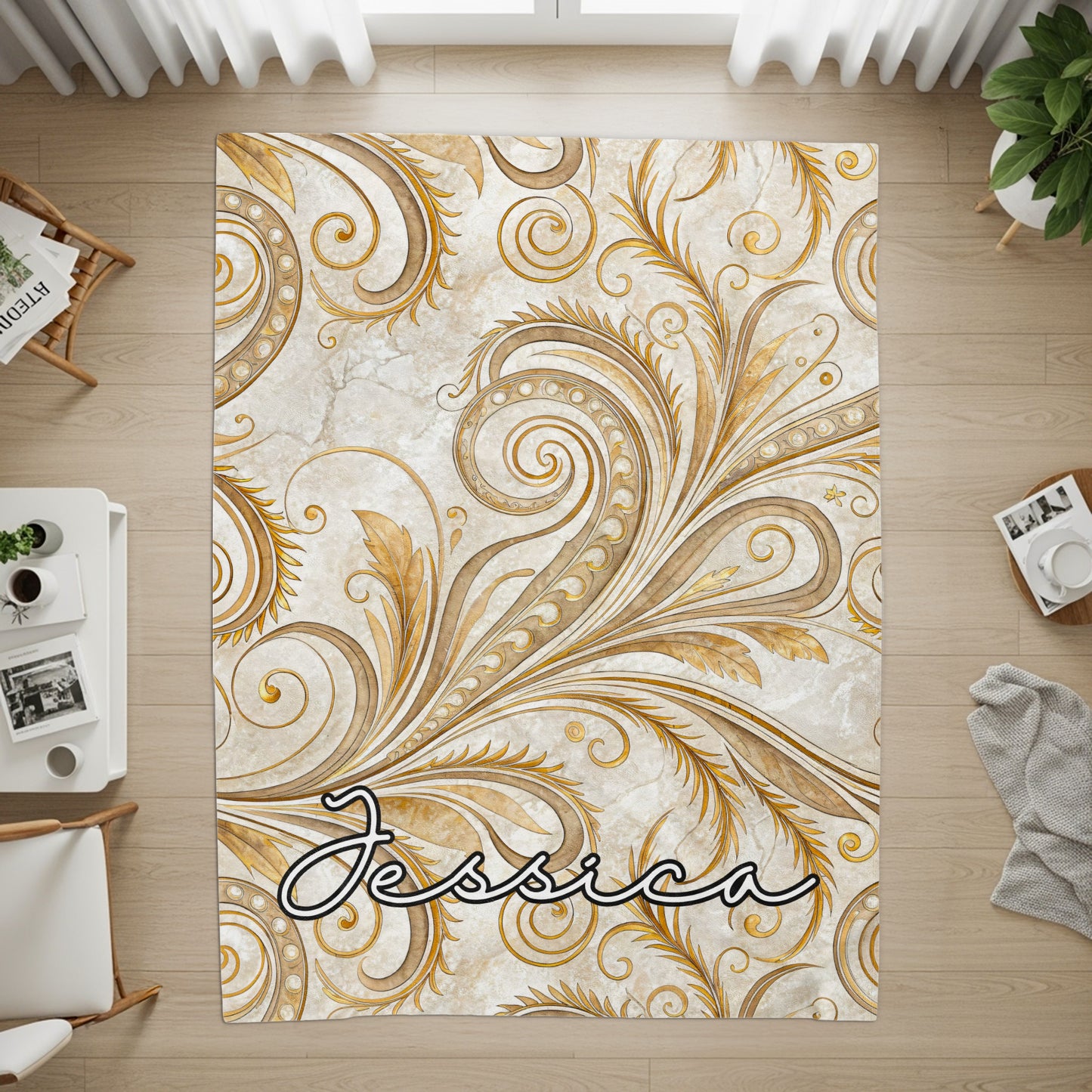 Elegant Gold Leaf Pattern Jessica Rug