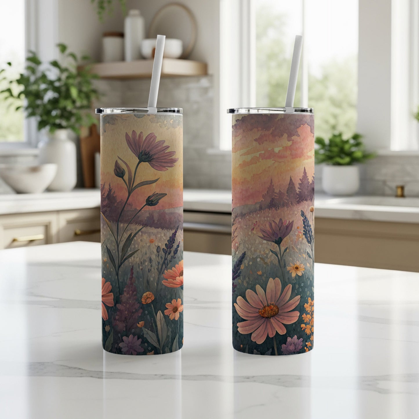 Floral Field Watercolor Painting Art Print 20 oz Skinny Tumbler - Walk Greener