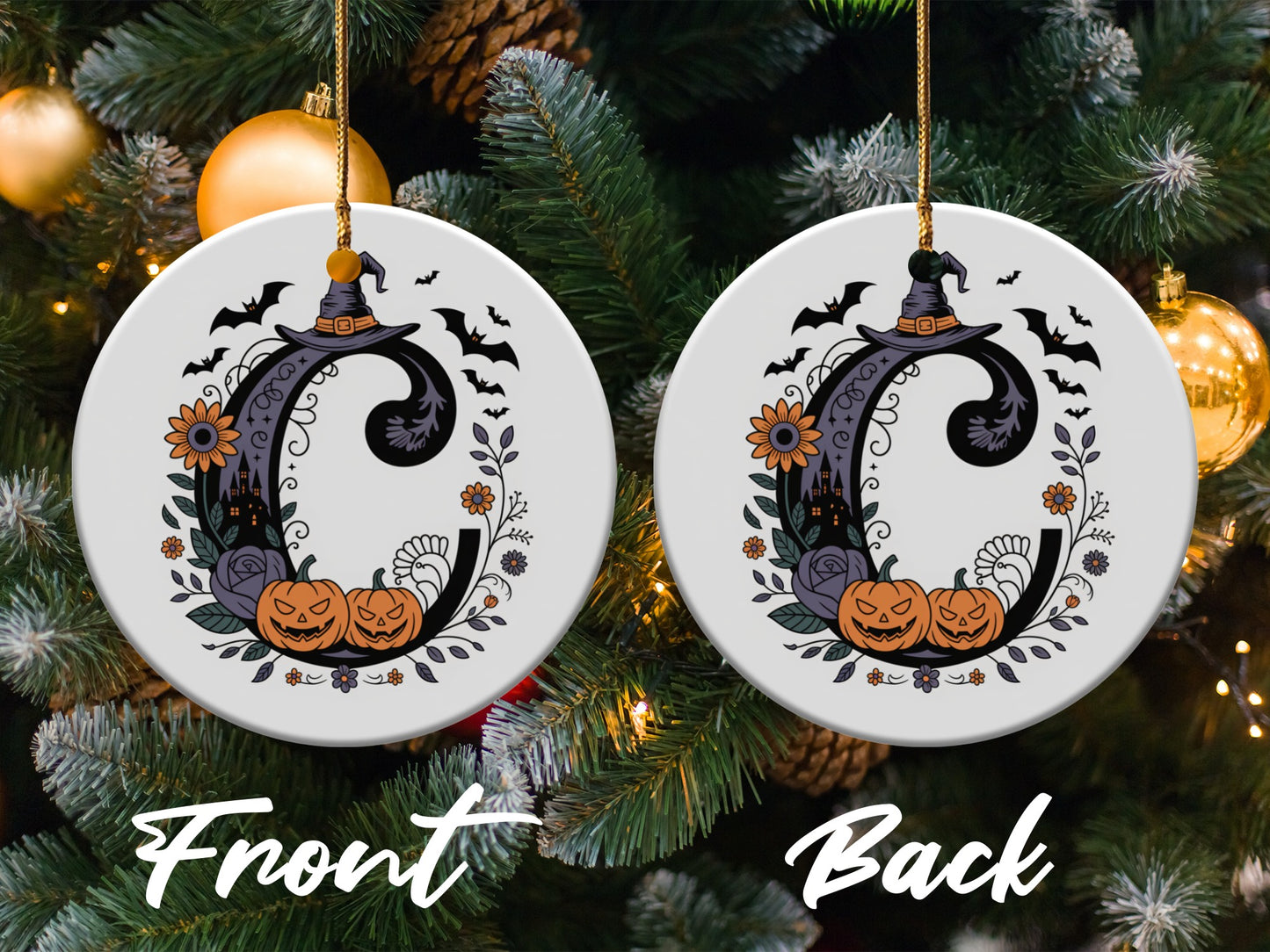 Halloween Witch Hat Pumpkins and Bats Ornament product type