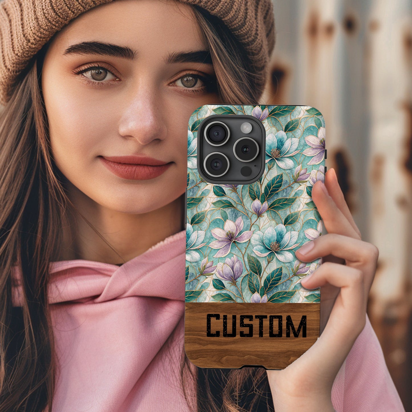 Custom Floral and Wood Design Phone Case