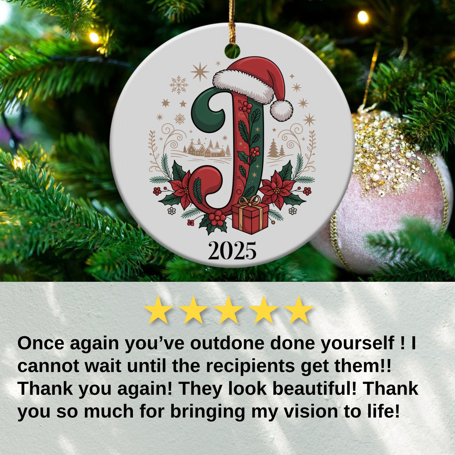Customized J Ornament with Christmas Design product