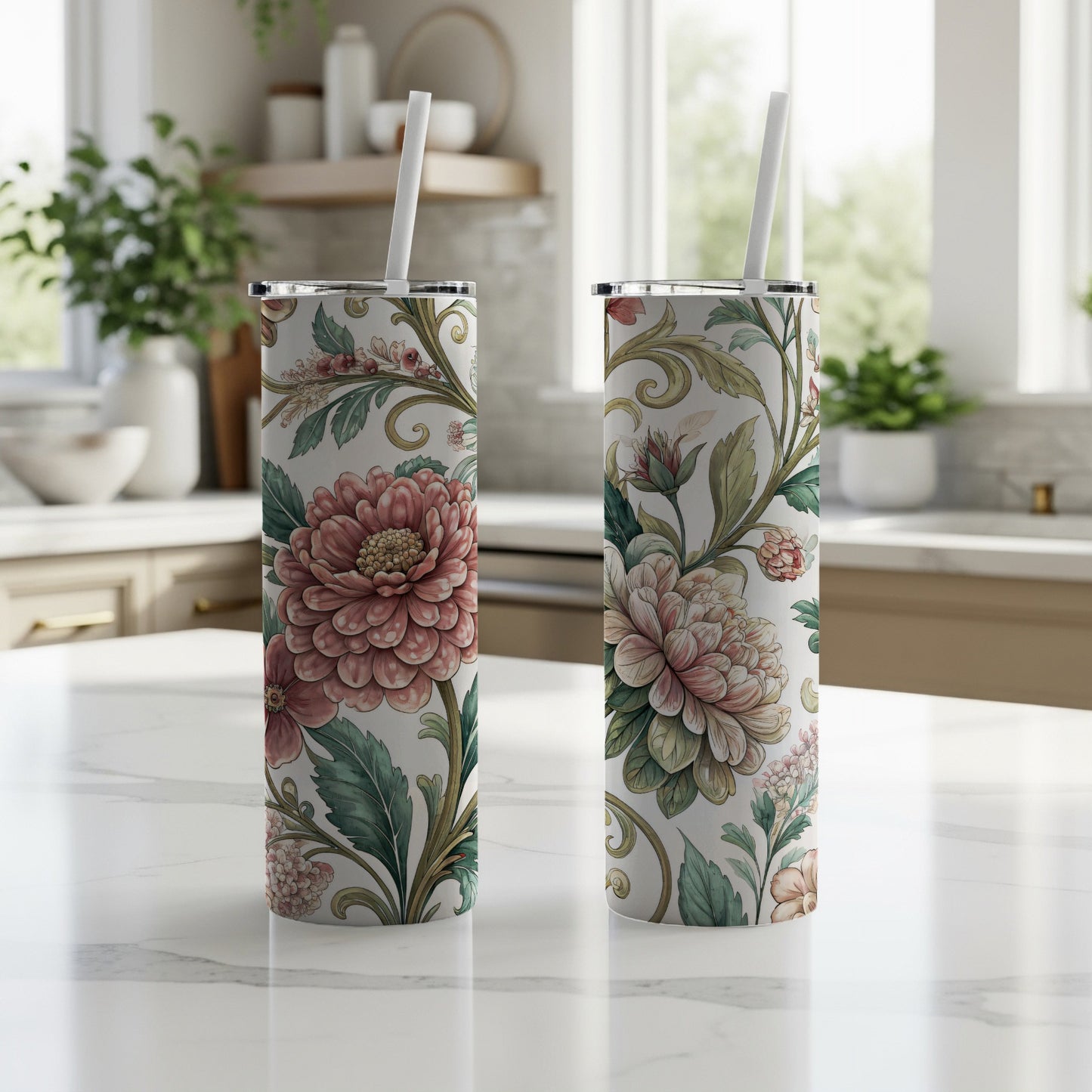 Floral Botanical Pattern In Pink and Green 20 oz Skinny Tumbler - Walk Greener