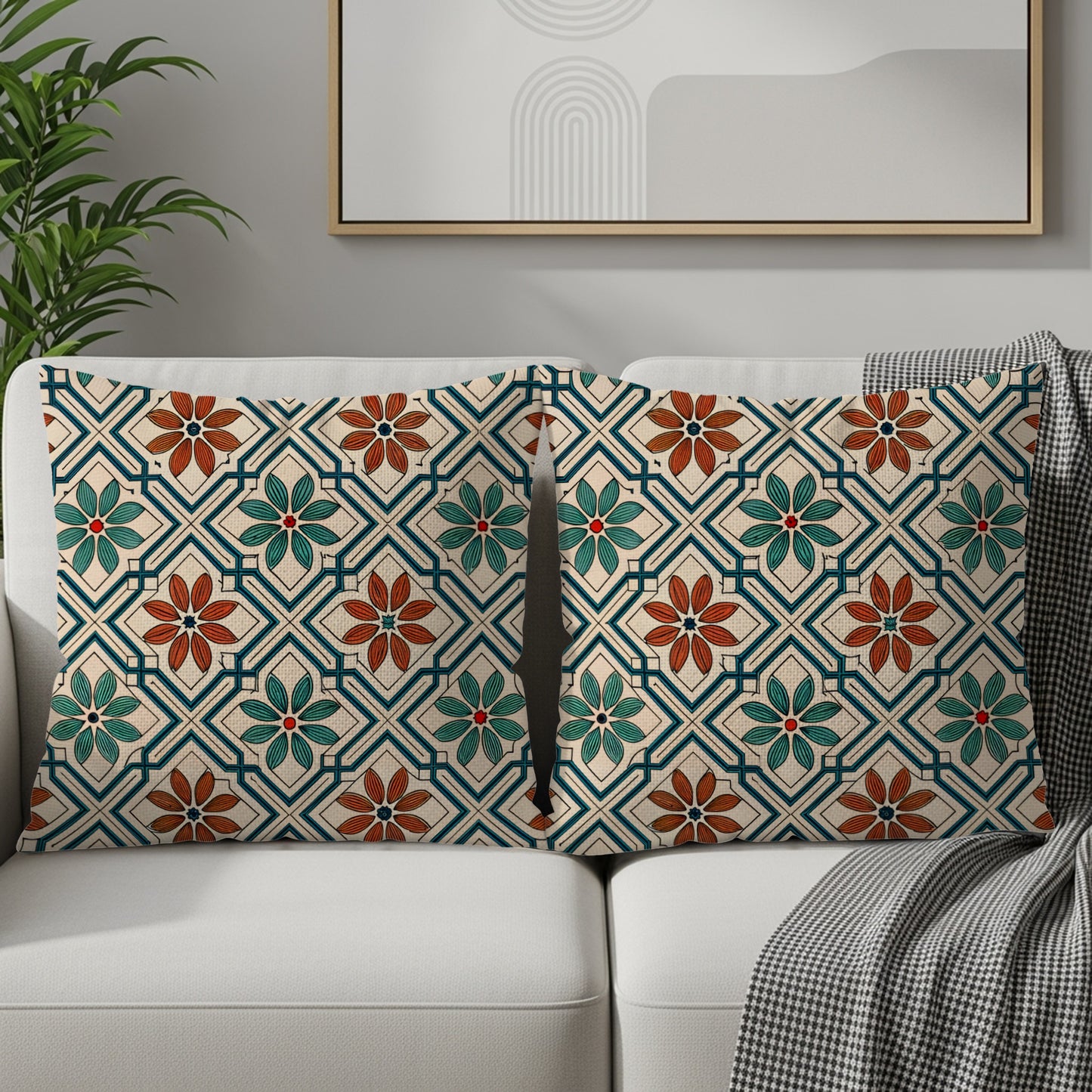 Vibrant Geometric Floral Patterned Pillow Case Set