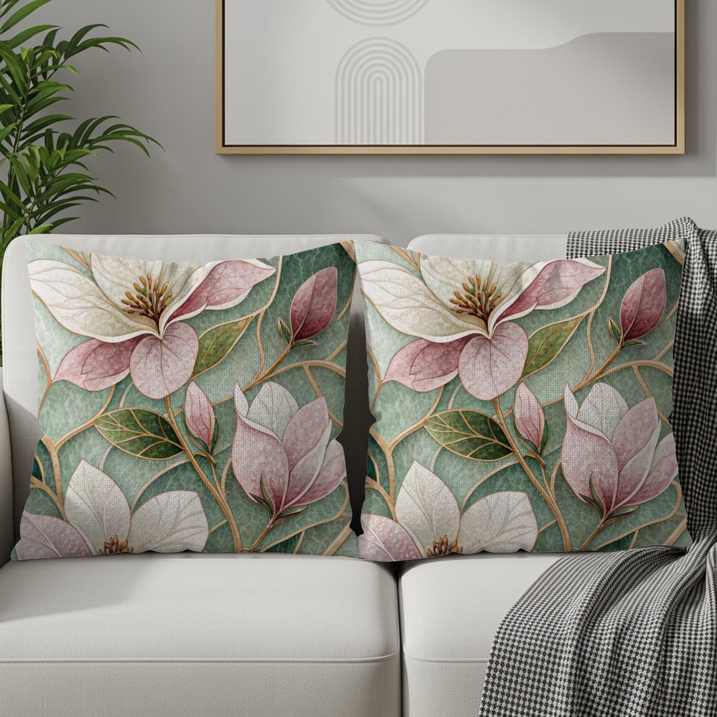 Magnolia Bloom Art Nouveau Stained Glass Pattern Throw Pillows - Walk Greener