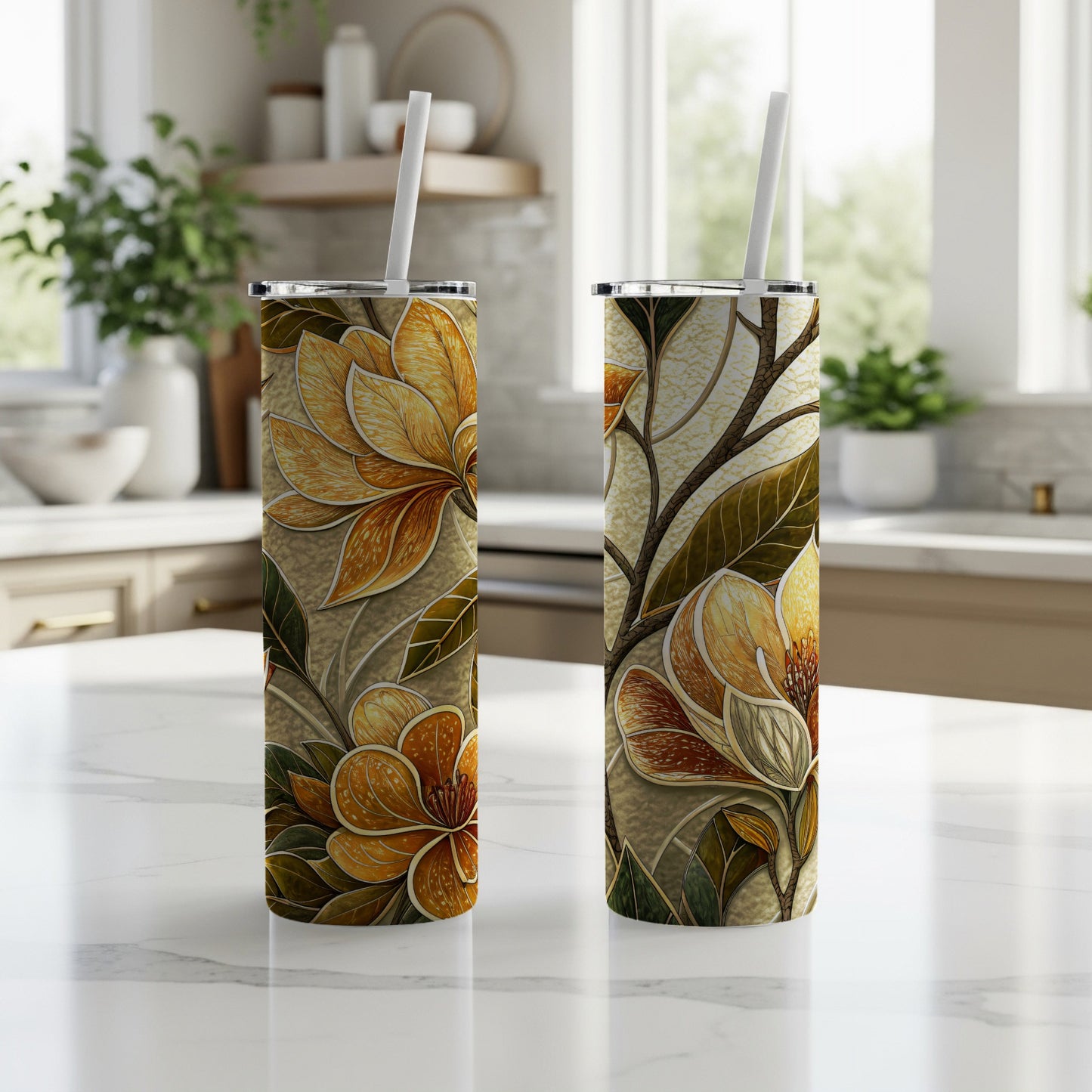 Golden Floral Bloom Delightful Botanical Decor 20 oz Skinny Tumbler - Walk Greener