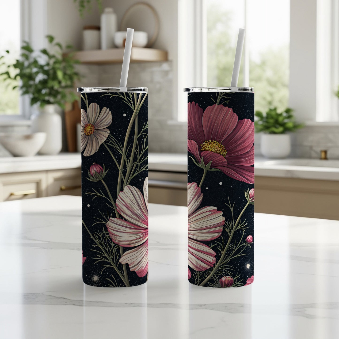 Elegant Pink Floral Travel Tumbler with Straw