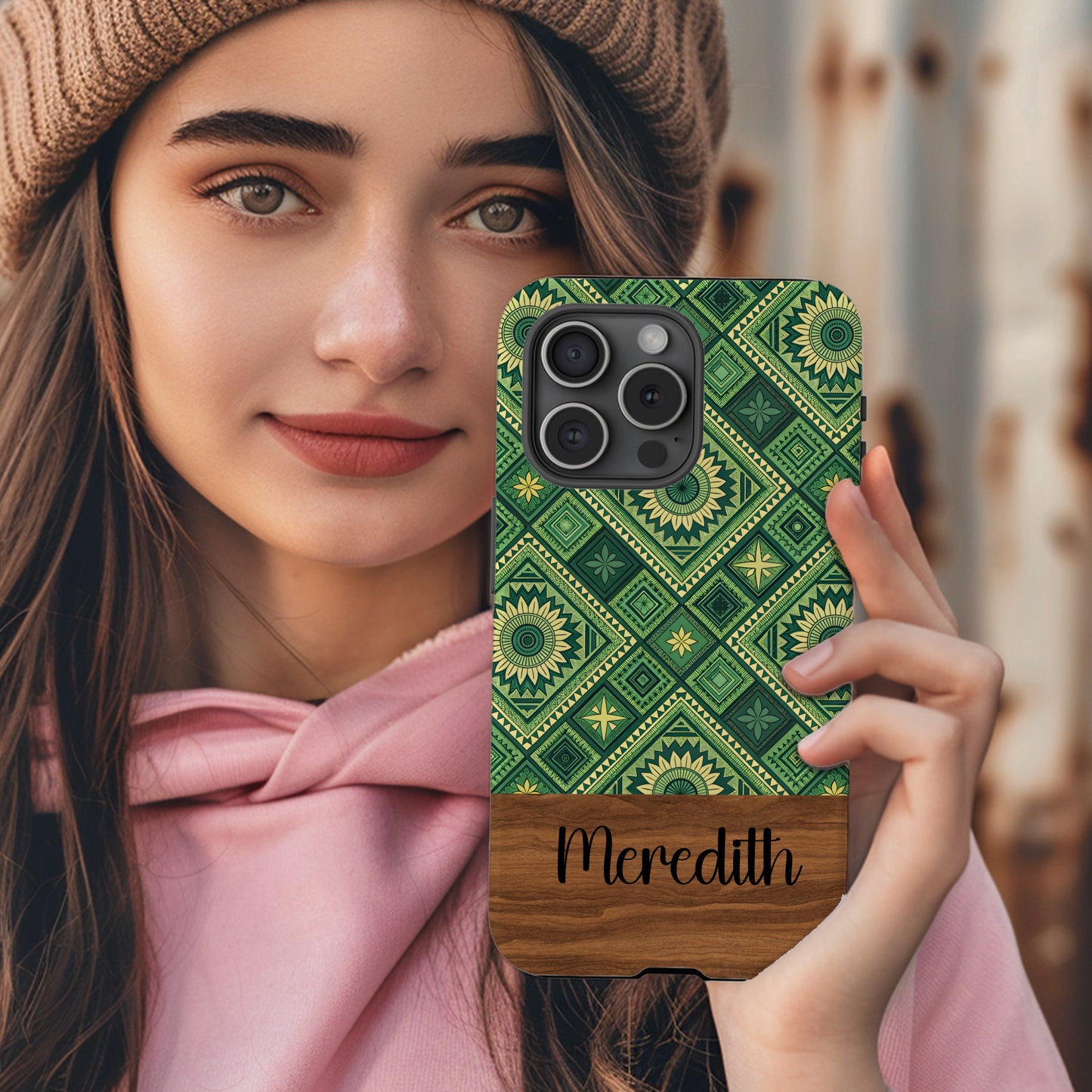 Geometric Green and Yellow Pattern with Custom Name Case - Walk Greener