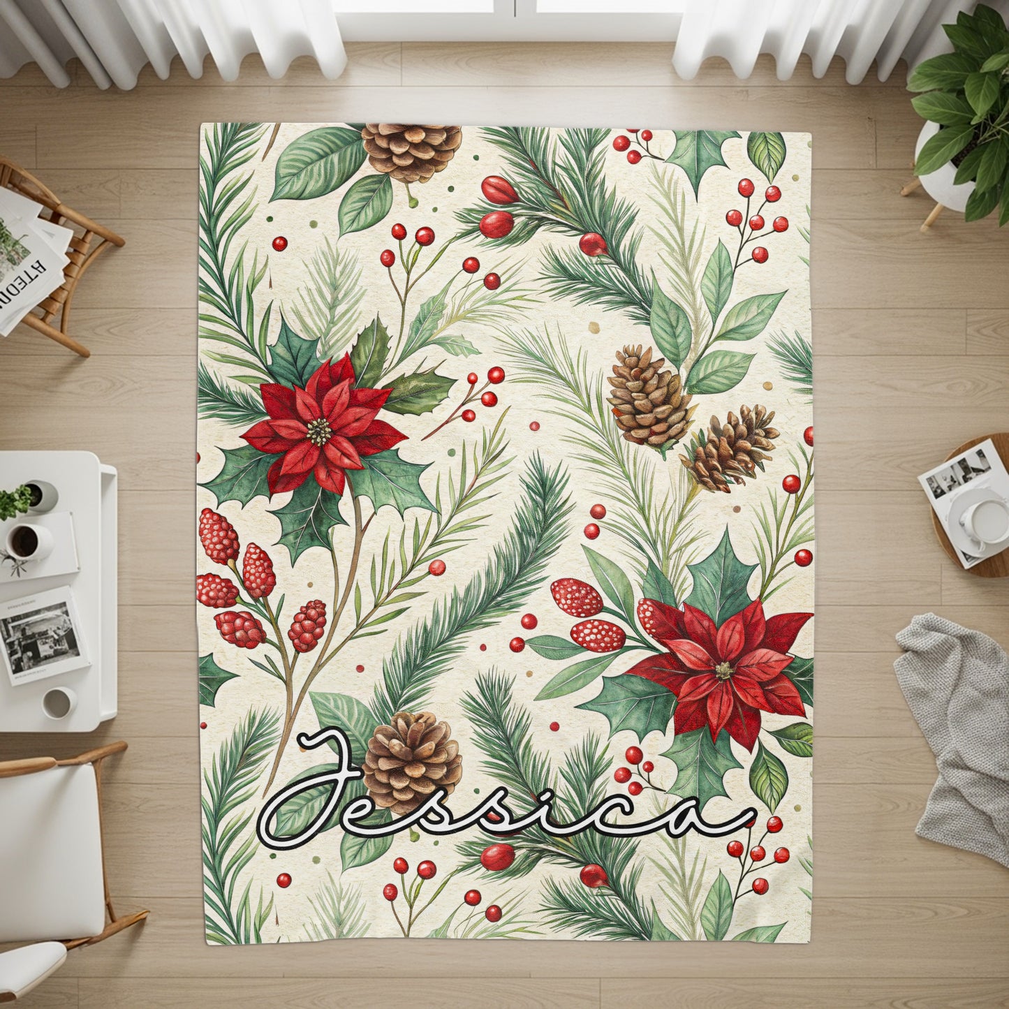 Personalized Jessica Christmas Floral Pinecone Rug