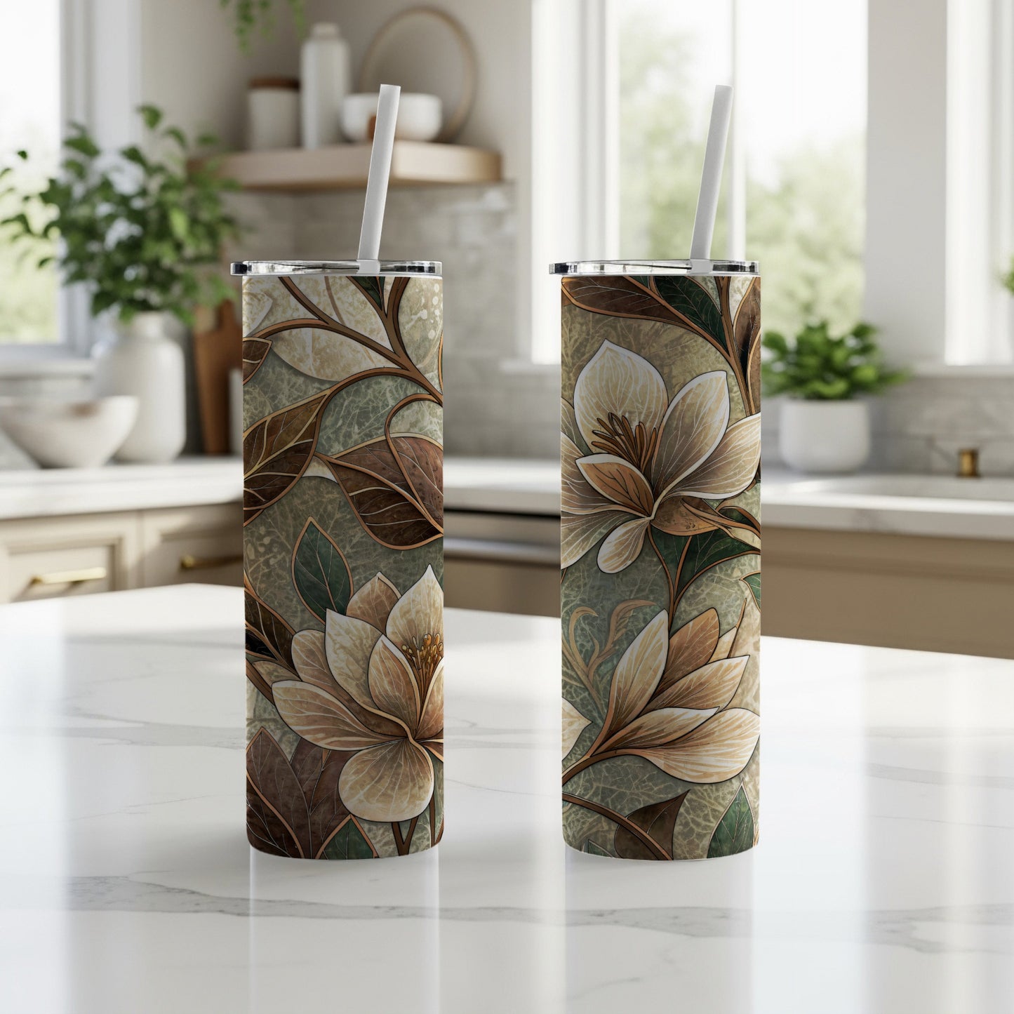 Decorative Floral and Leaf Artwork 20 oz Skinny Tumbler - Walk Greener