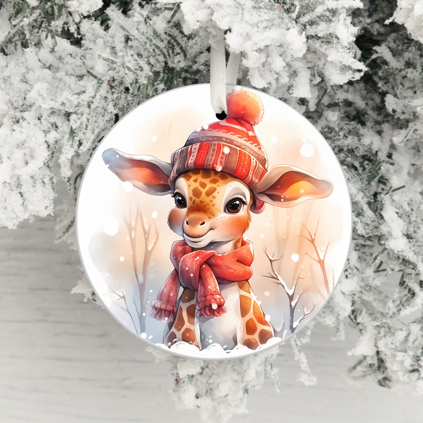 Festive Baby Giraffe in Winter Hat Print Ornament product