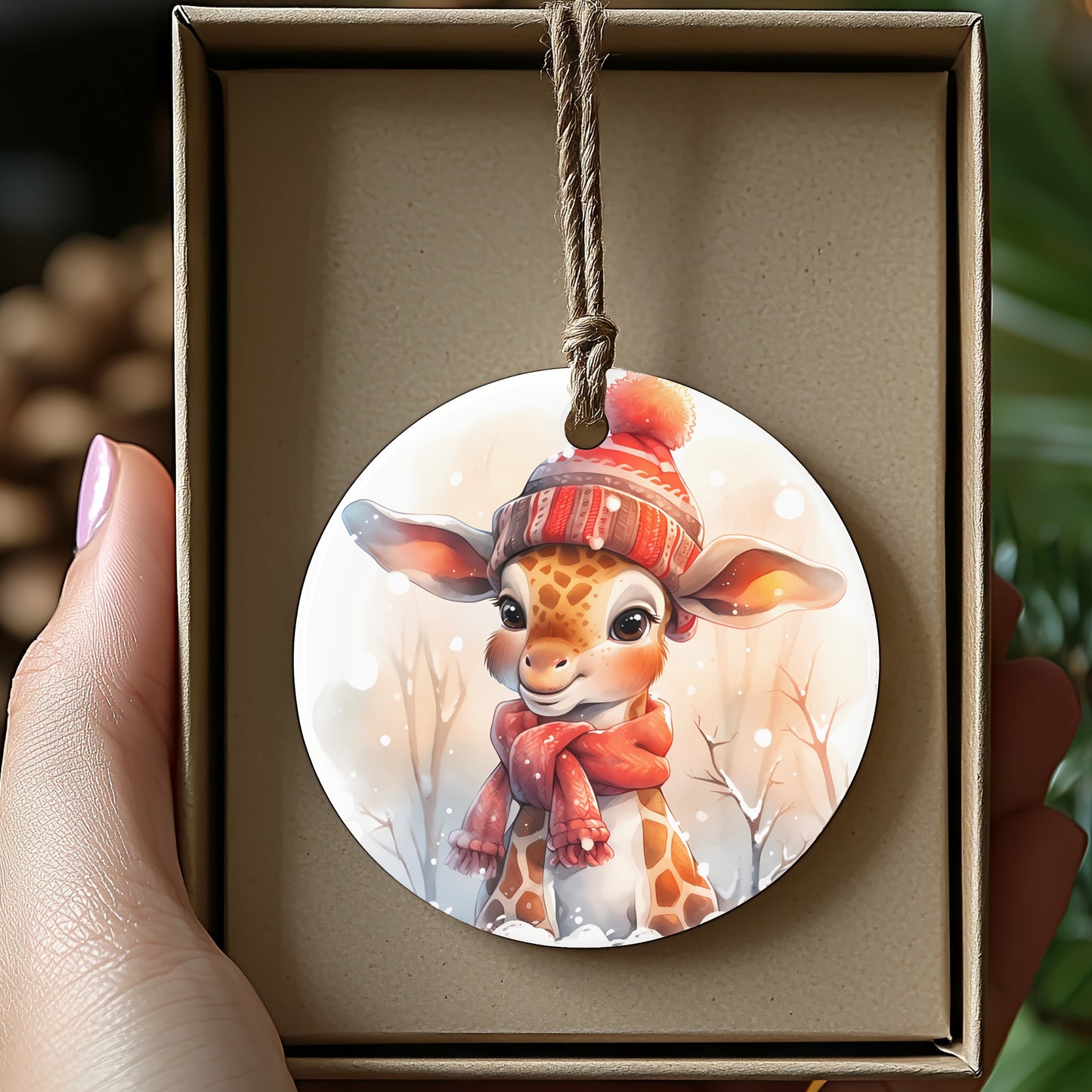 Festive Giraffe Wearing Winter Hat and Scarf product
