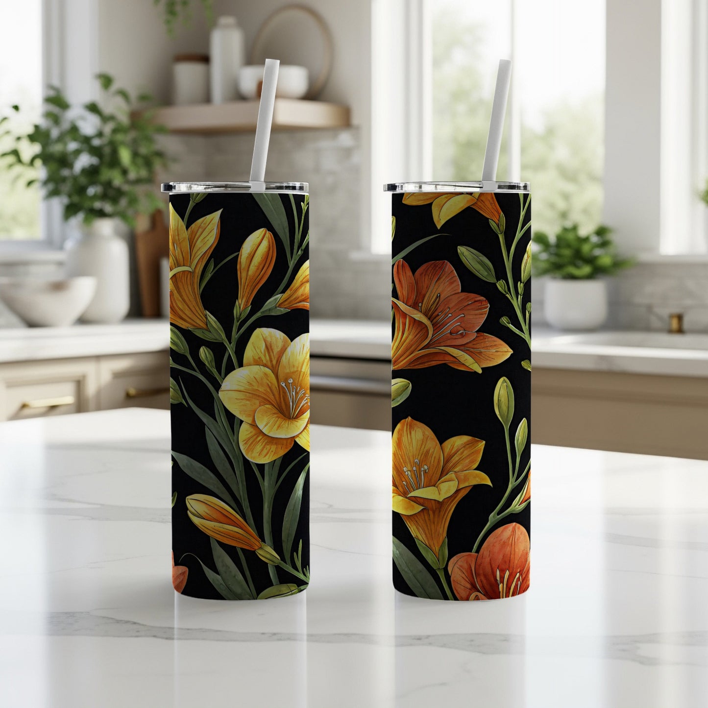 Yellow Orange Flowers Pattern Tumbler Beautiful Art Tumblers - Walk Greener