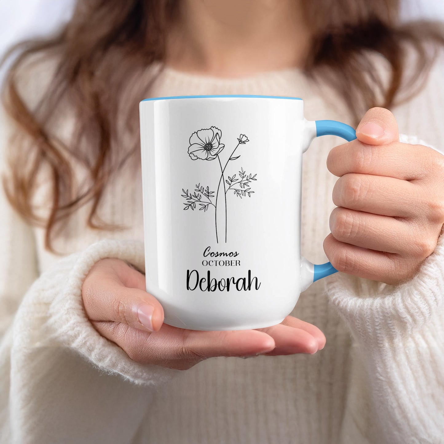 Personalized October Cosmos Flower Custom Name Mug