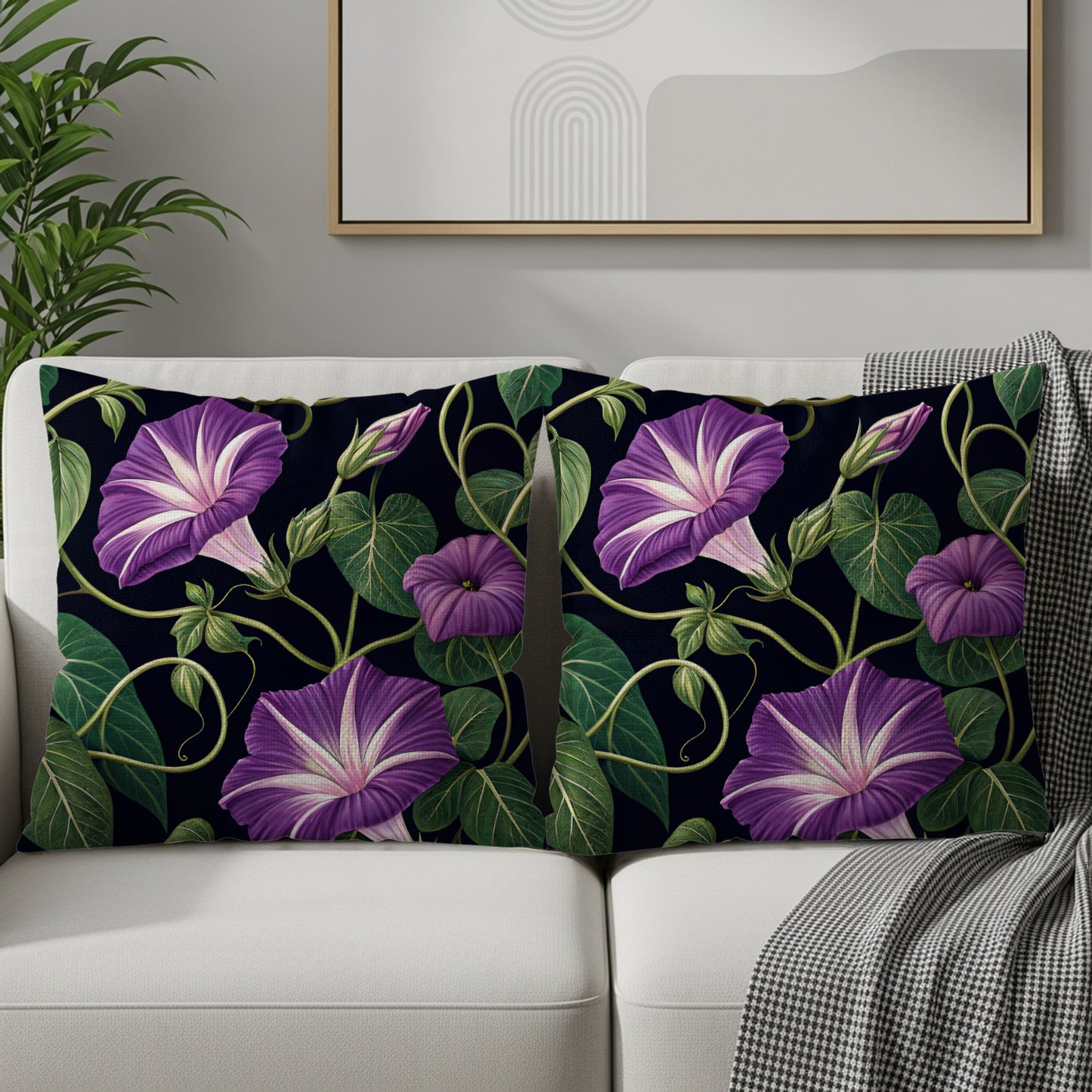Detailed Purple Morning Glory Vine with Green Leaves Decorative Floral Throw Pillows - Walk Greener