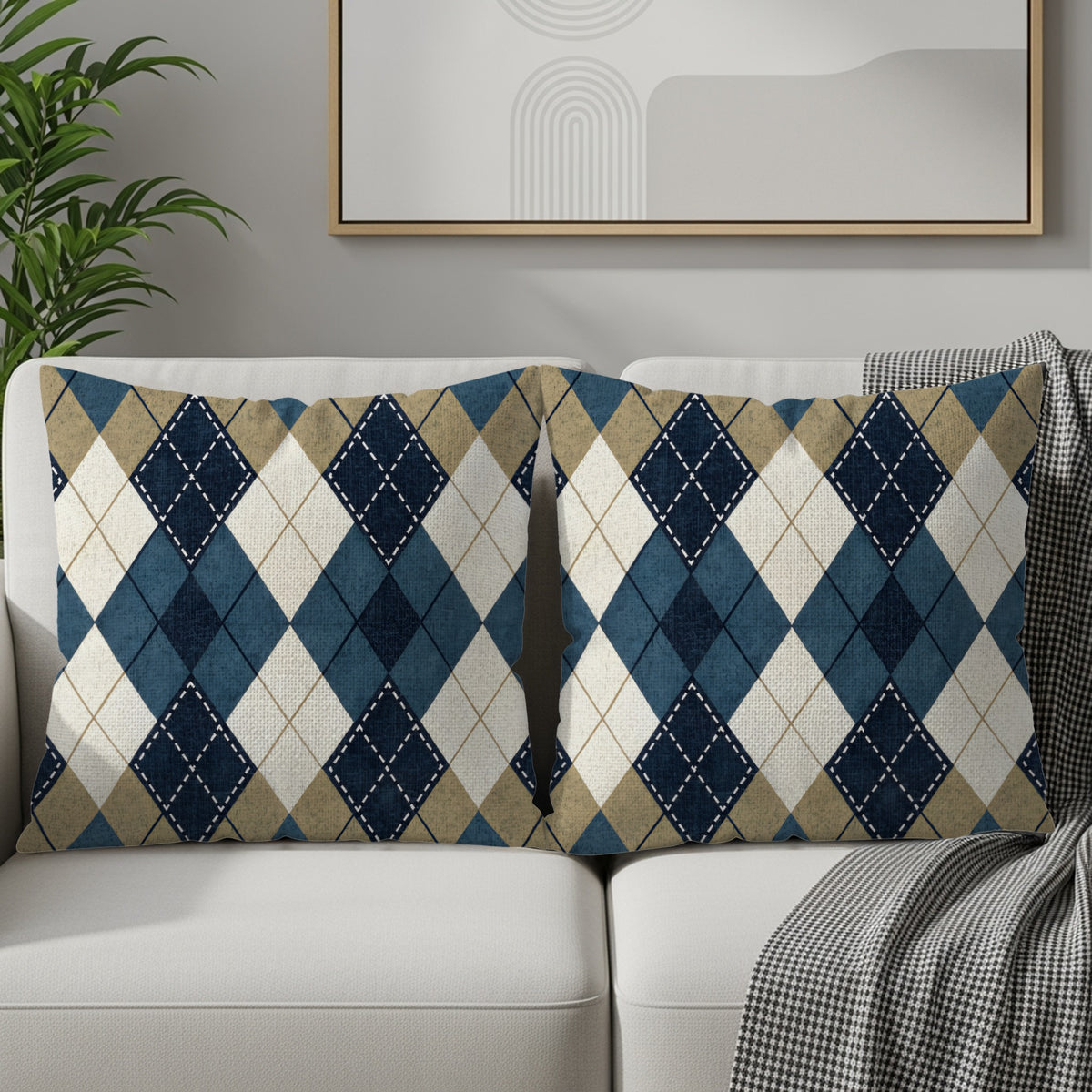 Blue and Beige Argyle Pattern Pillow Cover product