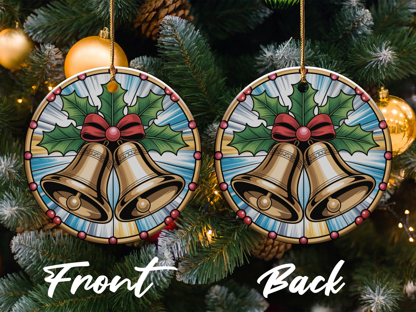 Festive Holiday Bells with Holly Christmas Ornament product