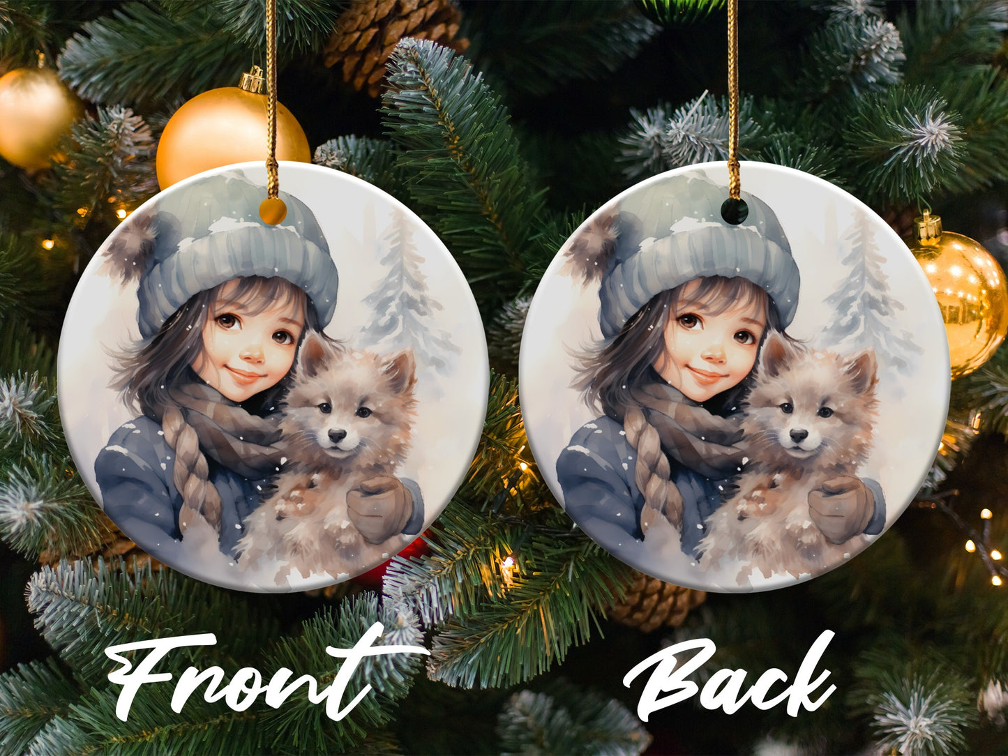 Cute Winter Girl with Puppy Christmas Ornament product