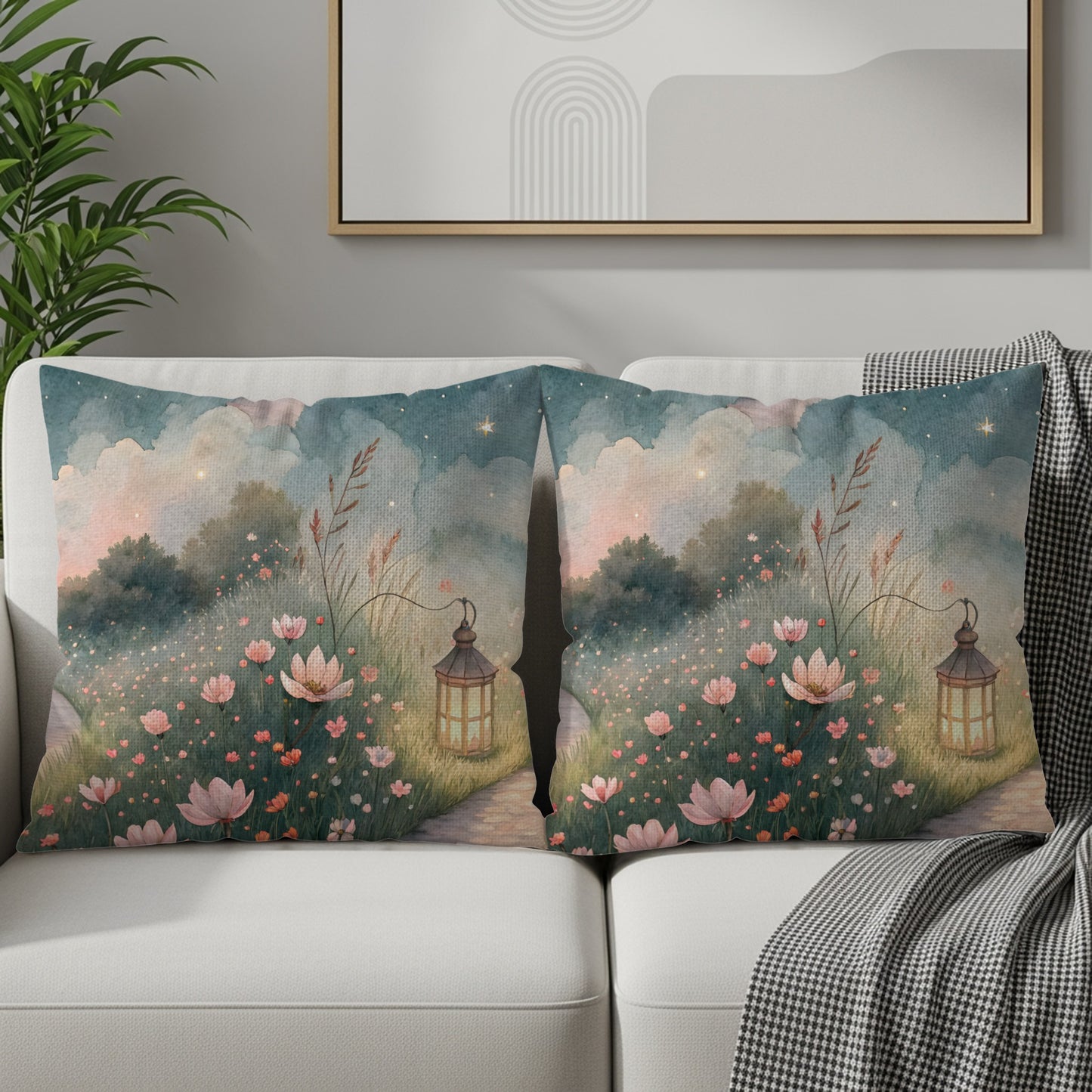 Watercolor Pathway Lantern And Flowers Artistic Design Pillows & Pillow Cases - Walk Greener