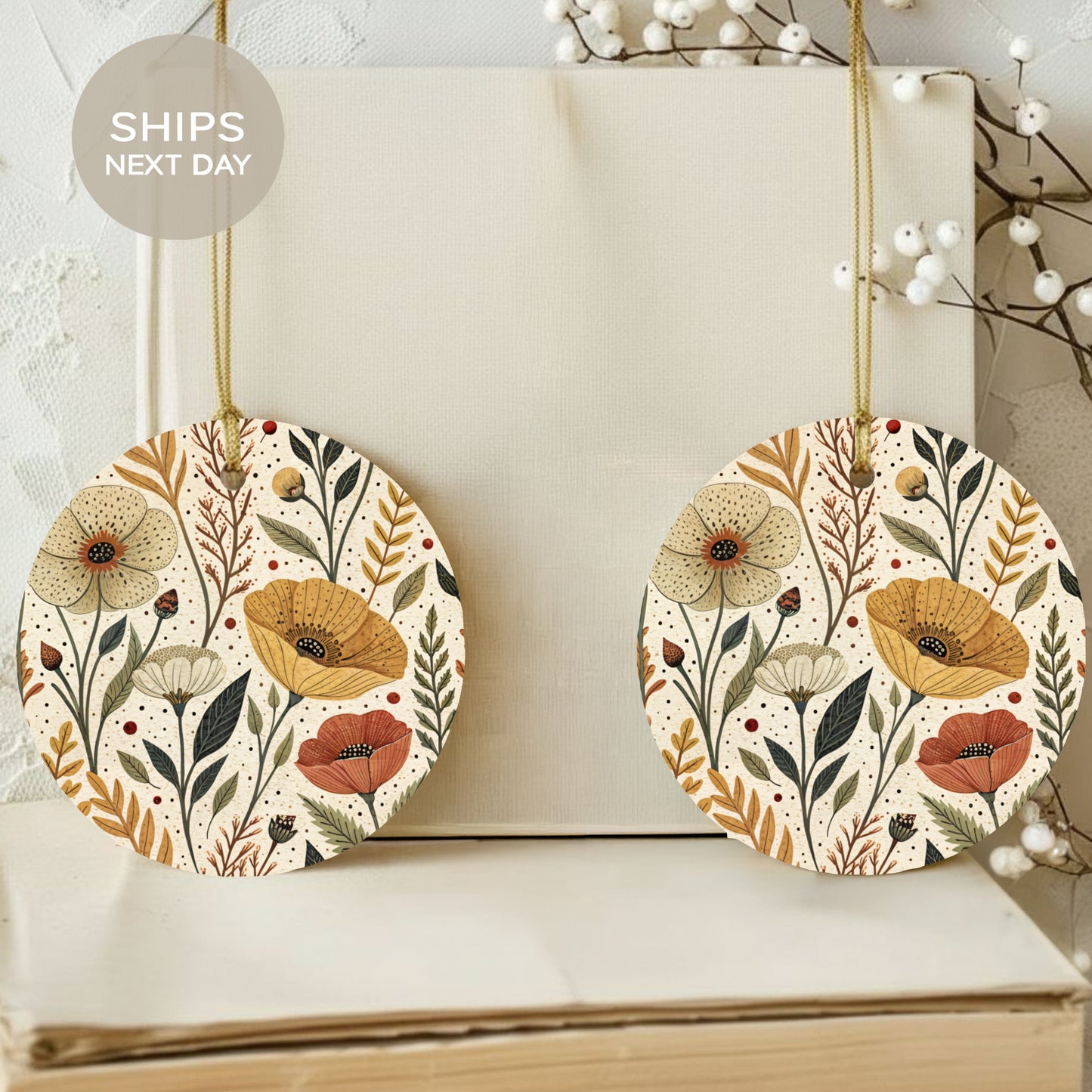 Floral Print Round Hanging Decorative Ornament Pair