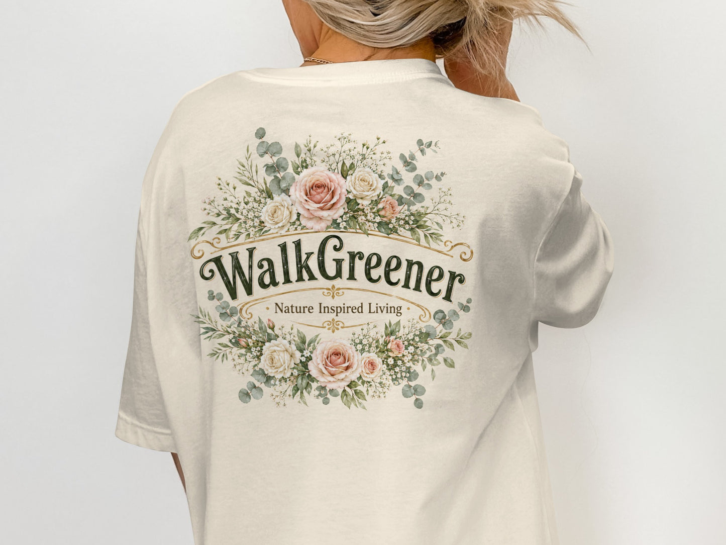 T-shirt with floral design and "WalkGreener Nature Inspired Living" text