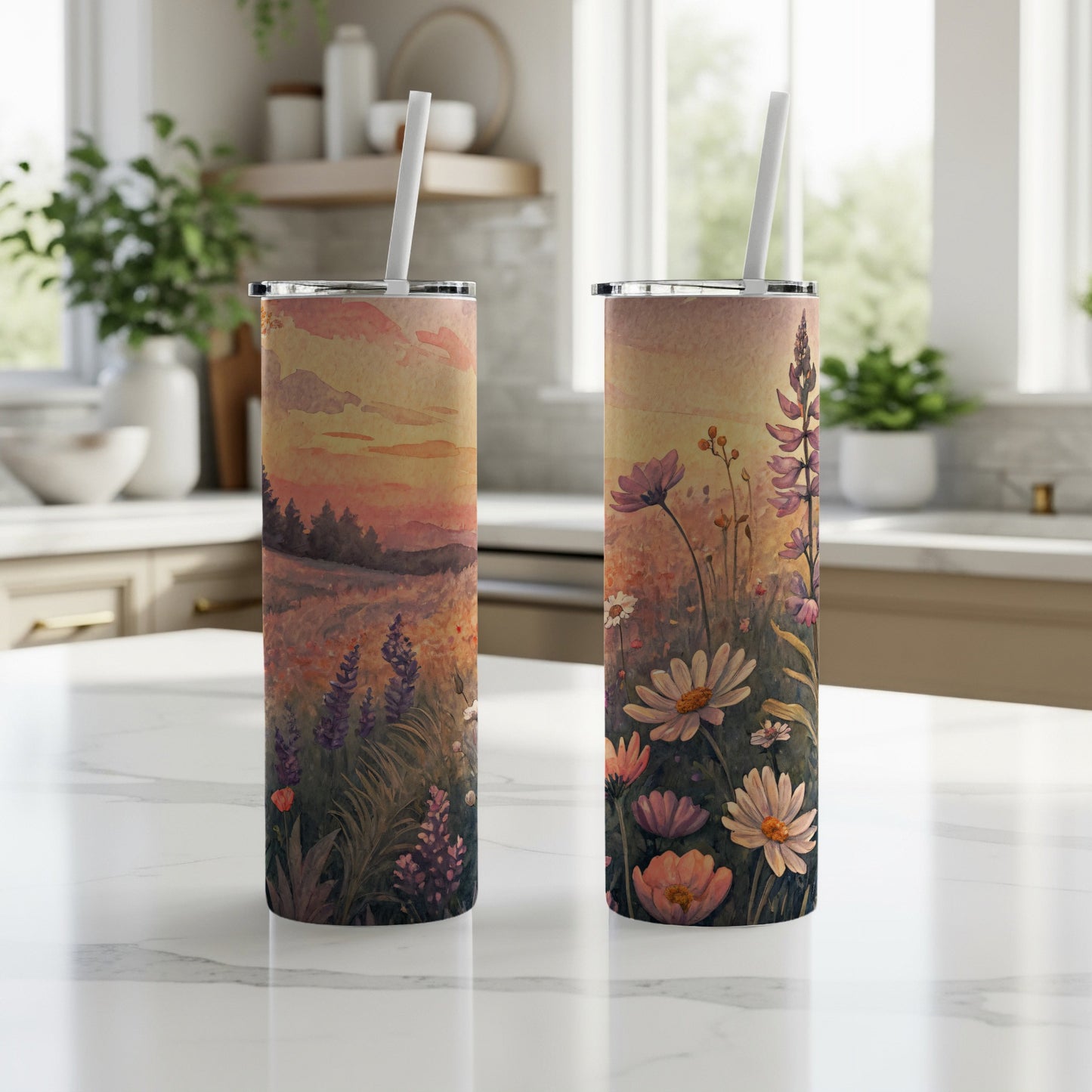 Watercolor Field Daisies and Lupines Design 20 oz Skinny Tumbler - Walk Greener