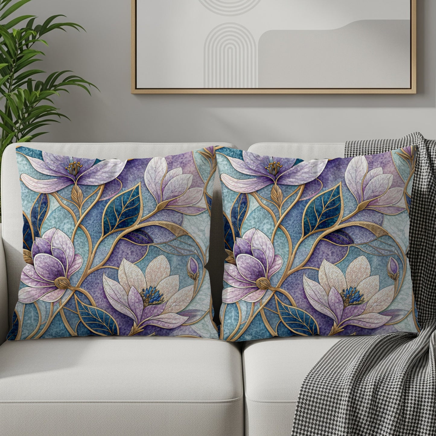 Floral Design Purple Blue and Gold Botanical Pattern Throw Pillows - Walk Greener