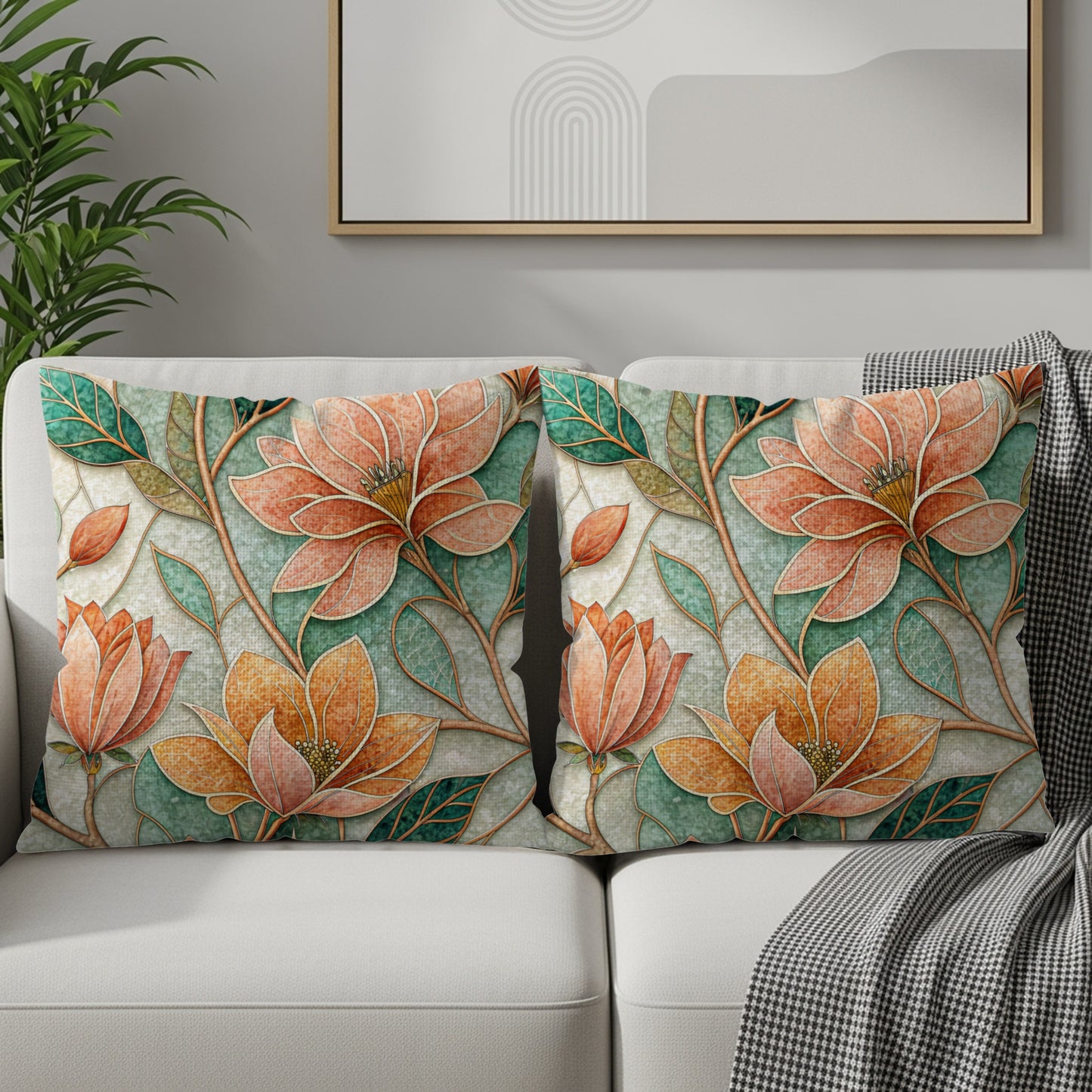 Stained Glass Inspired Floral Artwork Pattern Throw Pillows - Walk Greener