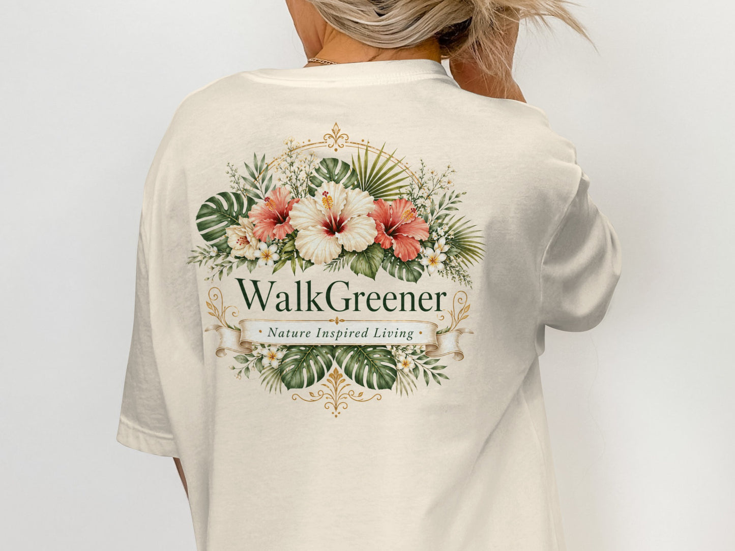 Cream t-shirt with "WalkGreener Nature Inspired Living" floral design on the back.