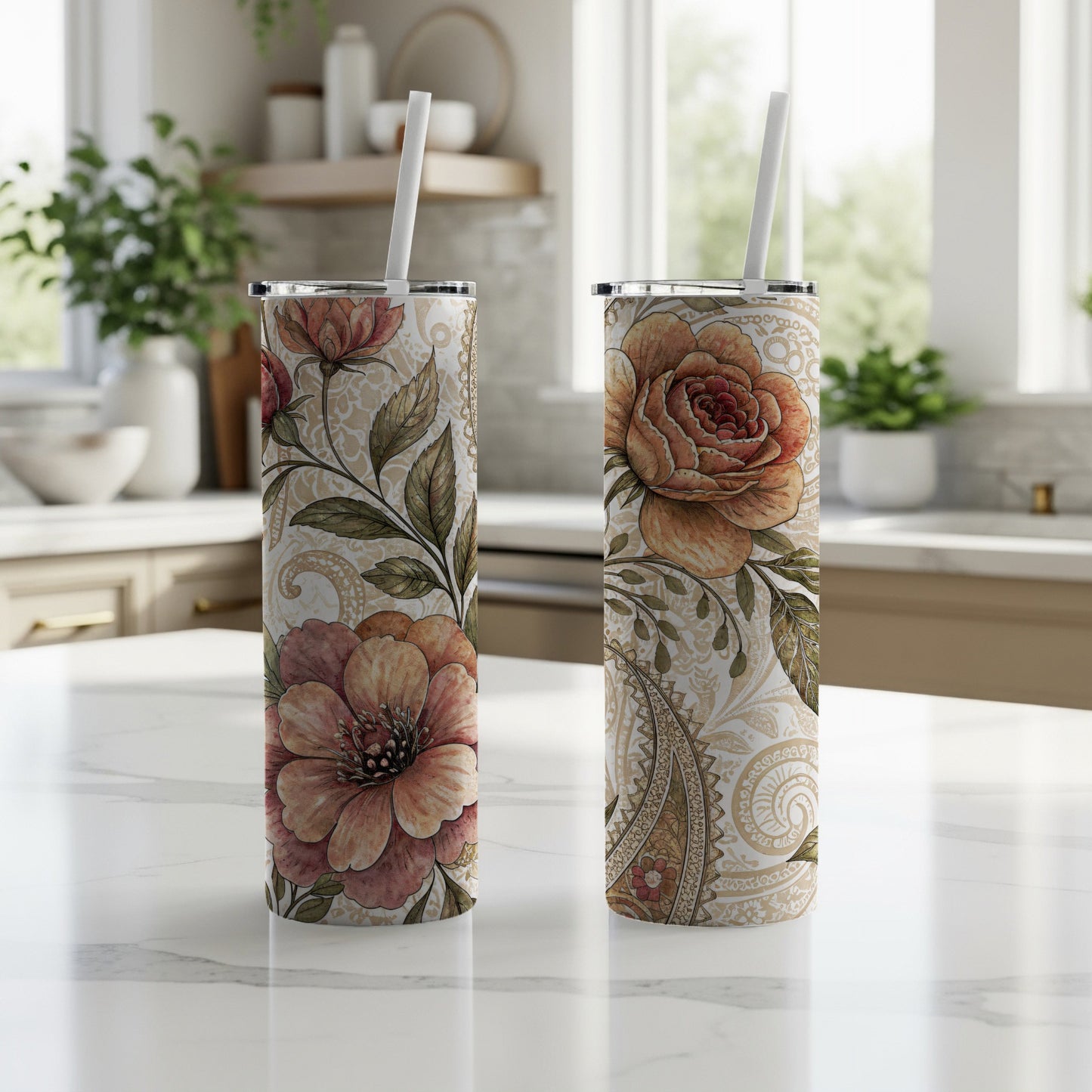 Elegant Floral Artwork Design for 20 oz Skinny Tumbler - Walk Greener