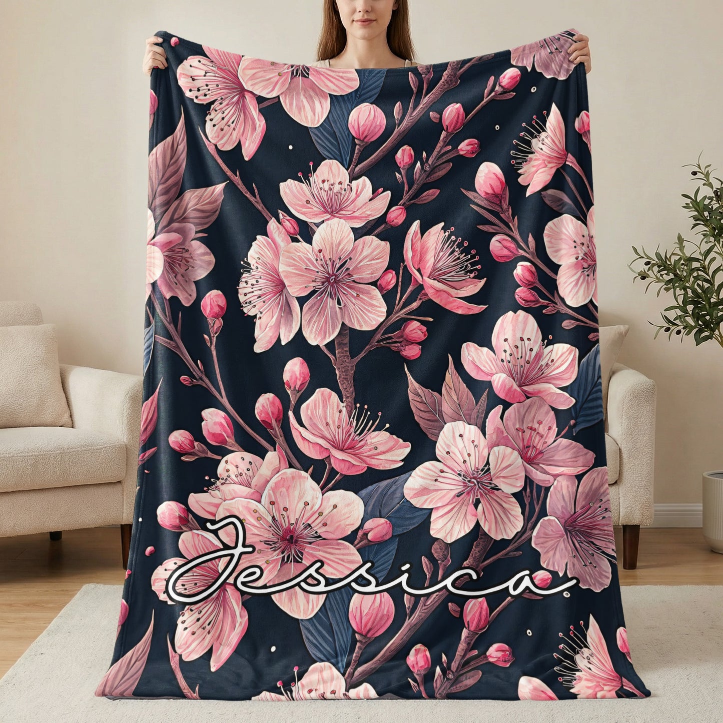 Floral Custom Name Blanket With Pretty Pink Blooms Design - Walk Greener