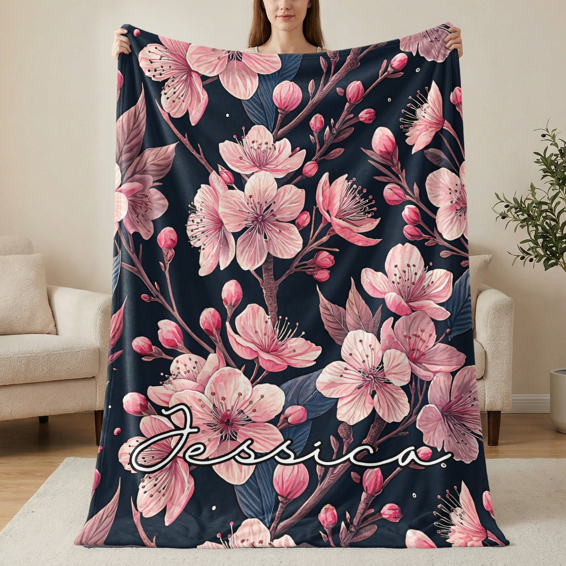 Floral Custom Name Blanket With Pretty Pink Blooms Design - Walk Greener