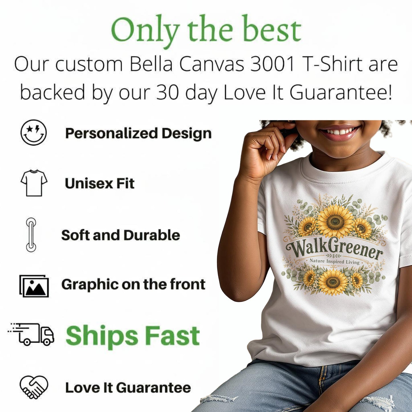 White t-shirt with "WalkGreener Nature Inspired Living" sunflower graphic.