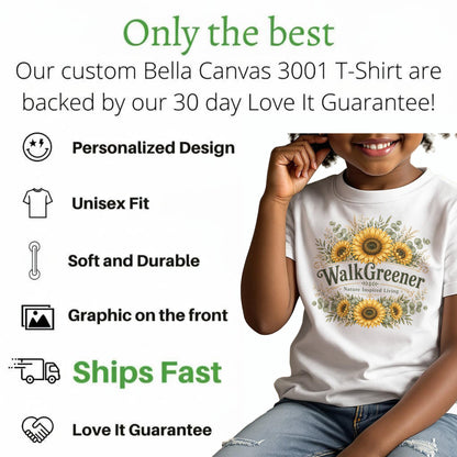 White t-shirt with "WalkGreener Nature Inspired Living" sunflower graphic.