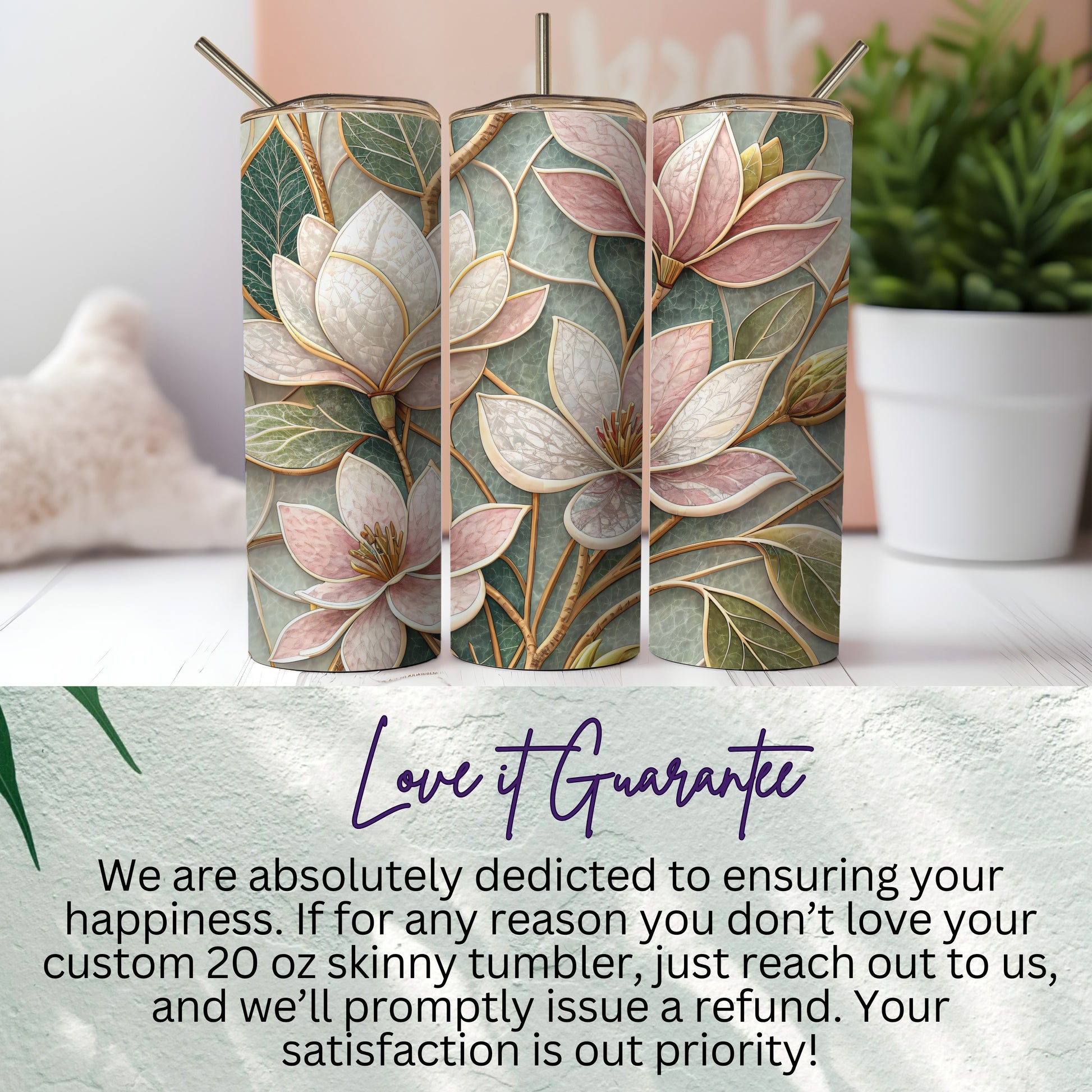 Magnolia Blossom Patterned Decorative Image Design for Tumblers 20 oz Skinny Tumbler - Walk Greener