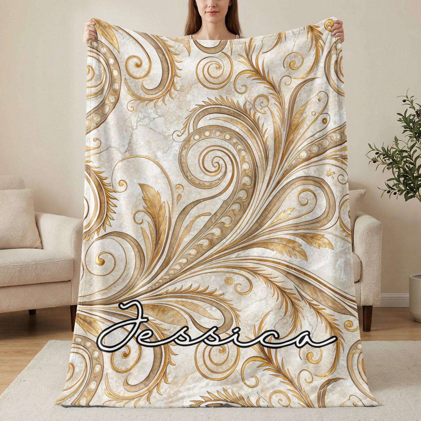 Ornate Gold and White Personalized Jessica Blanket