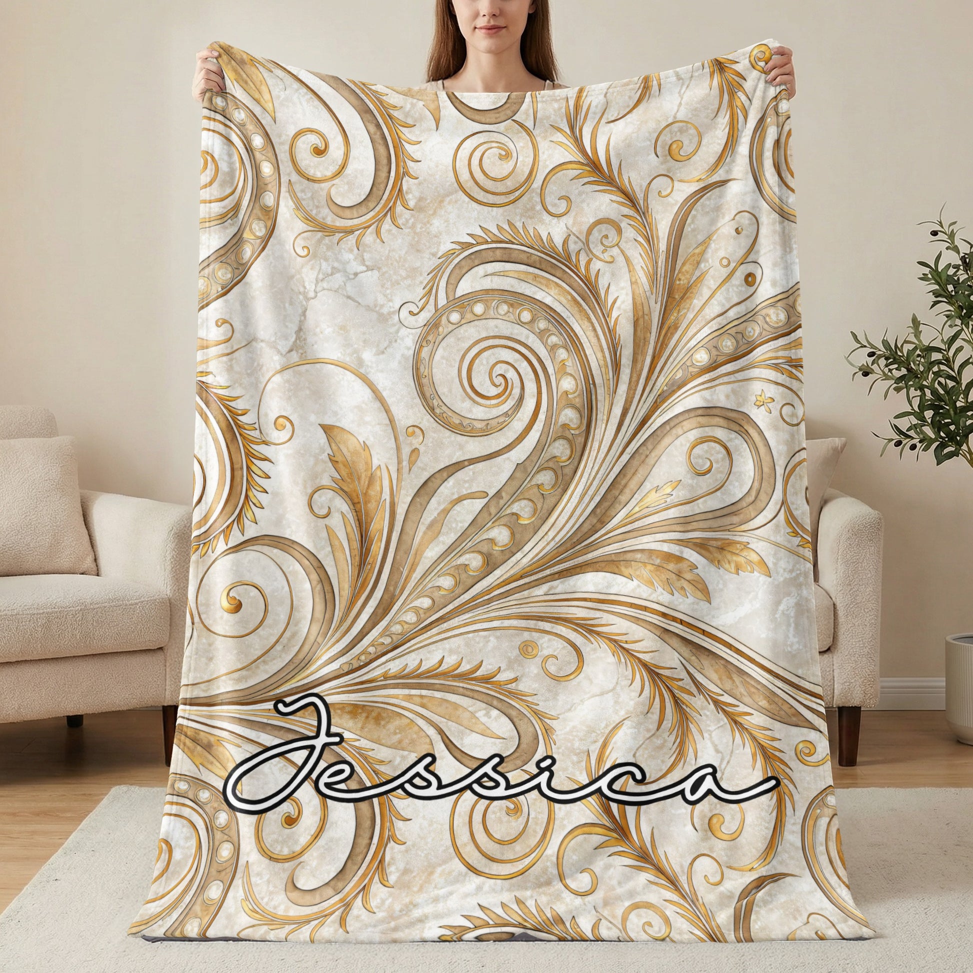 Ornate Gold and White Personalized Jessica Blanket