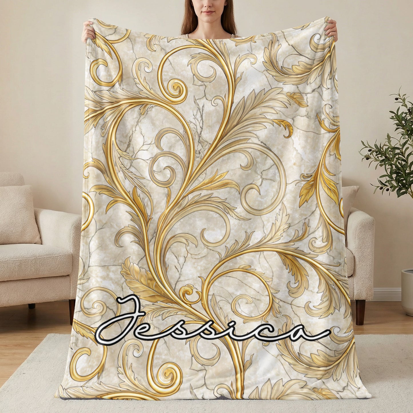 Golden Floral Design With A Custom Name Blankets - Walk Greener