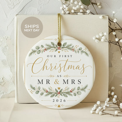 Our First Christmas as Mr & Mrs ornament with floral details and year 2026.